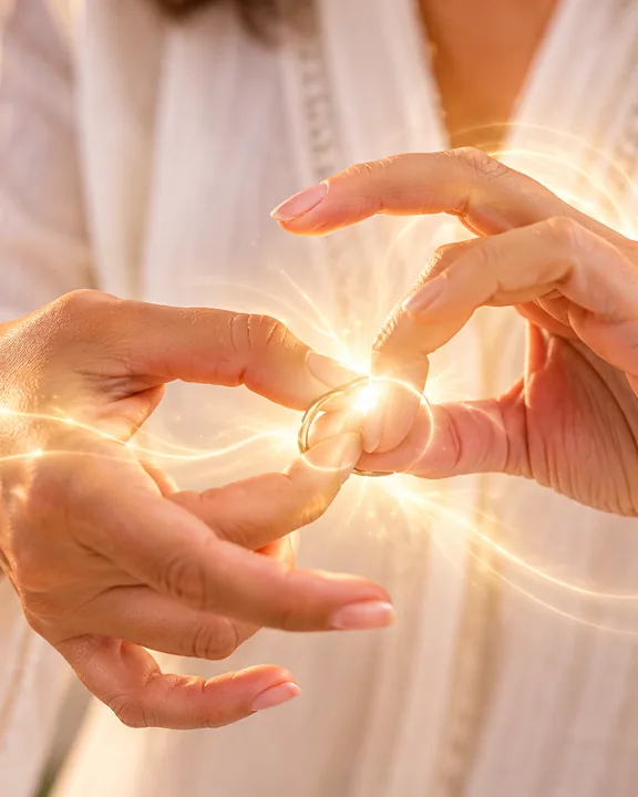 Dona's hands holding a ring surrounded by soft golden light